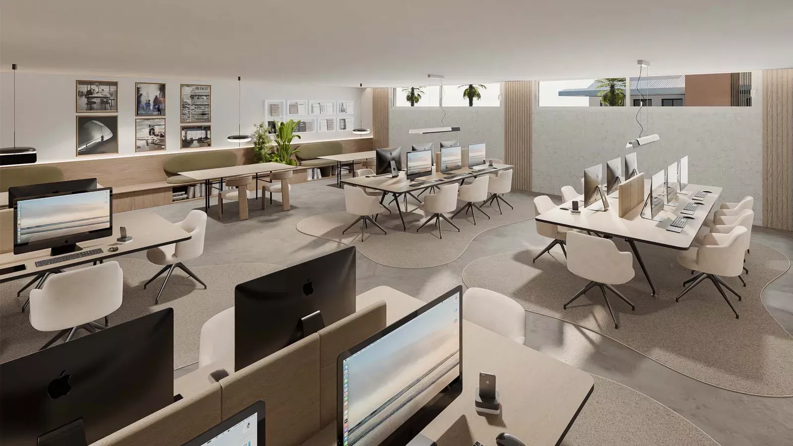 Modern office with desks and monitors