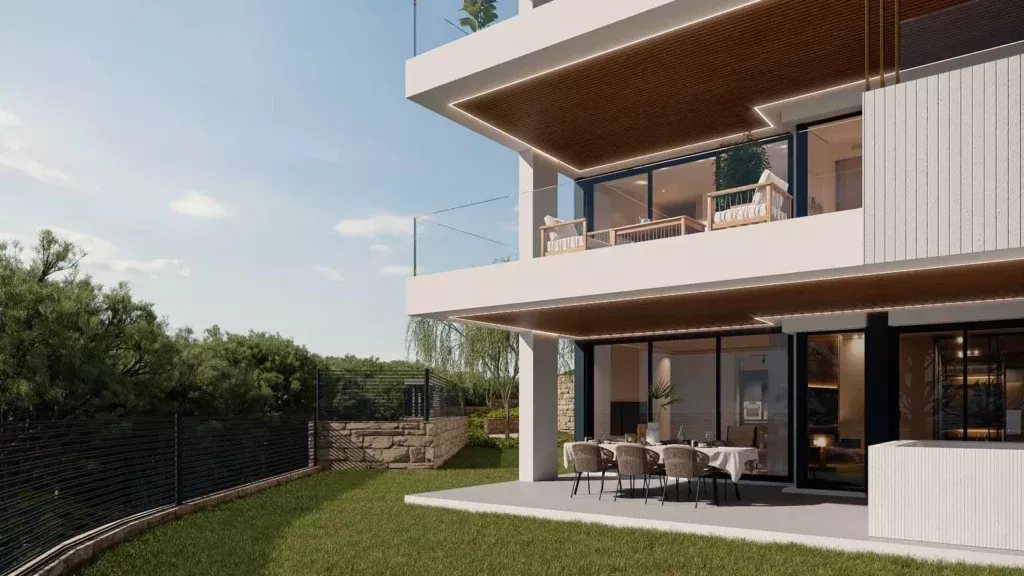Modern white building with terraces, wood cladding and greenery