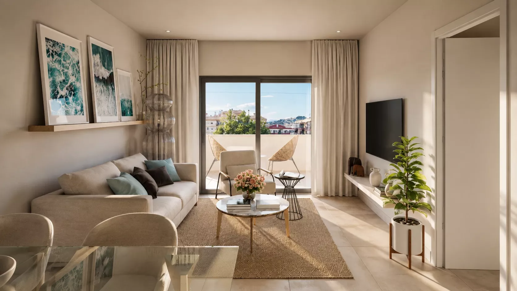 Bright living room with a sofa and terrace doors in the Fuengirola FG1 apartment