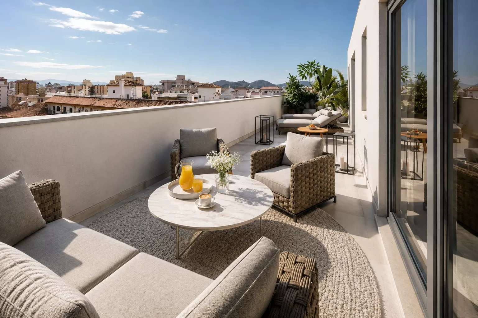 Corner terrace with lounge seating and dining area overlooking the Mediterranean