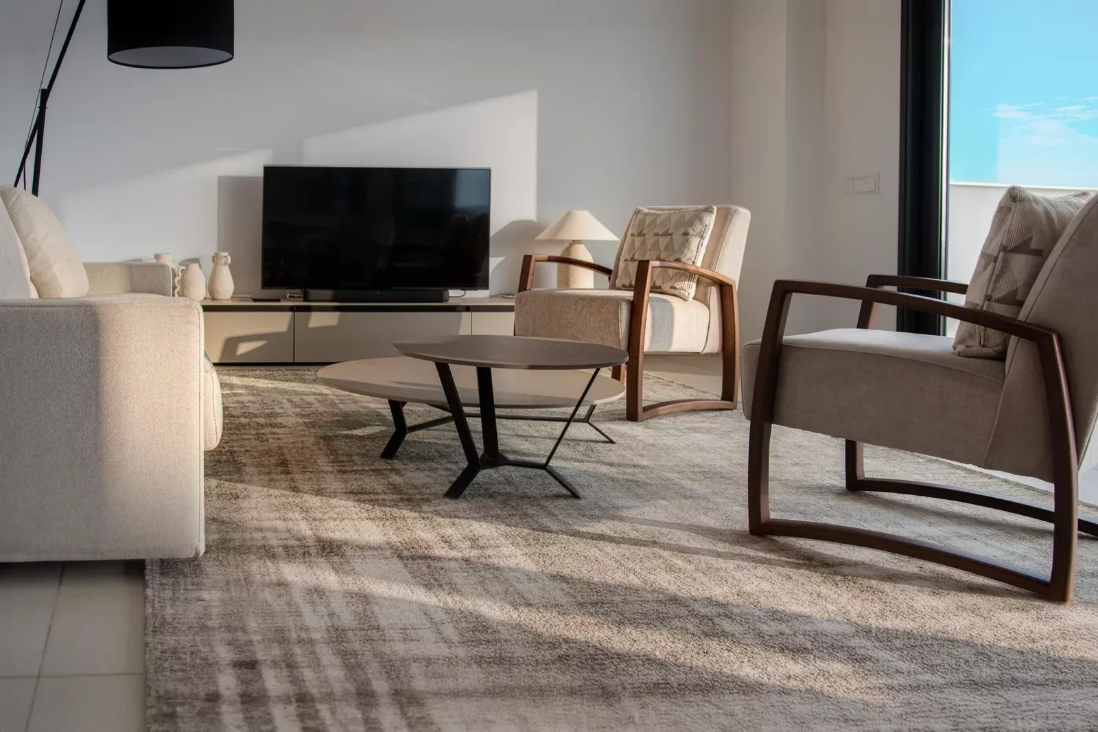 Living room with sofas, armchairs and TV in the HW3 apartment