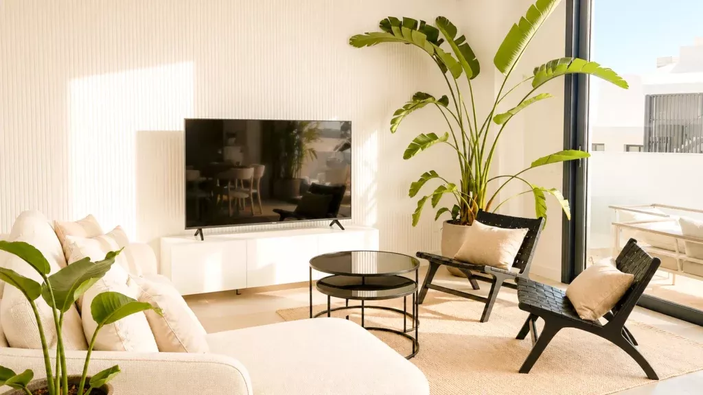 Living room with a TV, armchair and plant in the HW8 apartment
