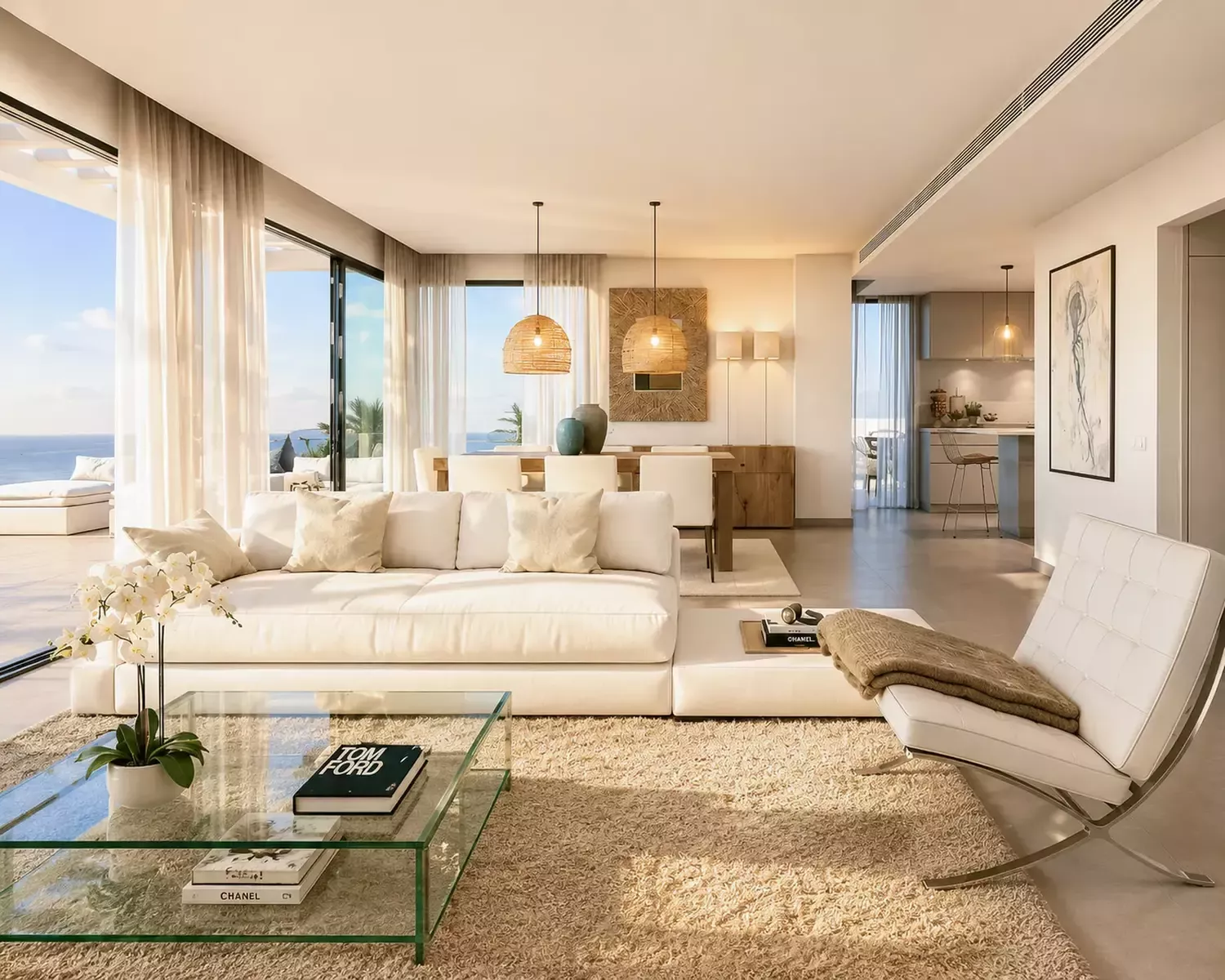 Living and dining area with panoramic windows and terrace access in Higuerón West