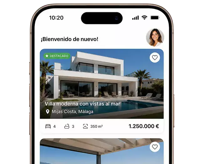 Smartphone showing the five2one app with a photo of a home