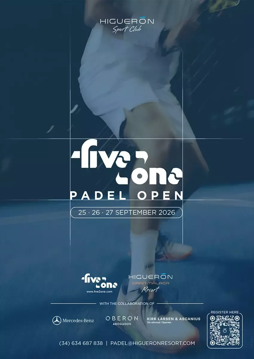 Poster for the five2one Padel Open 2026 with a player in motion