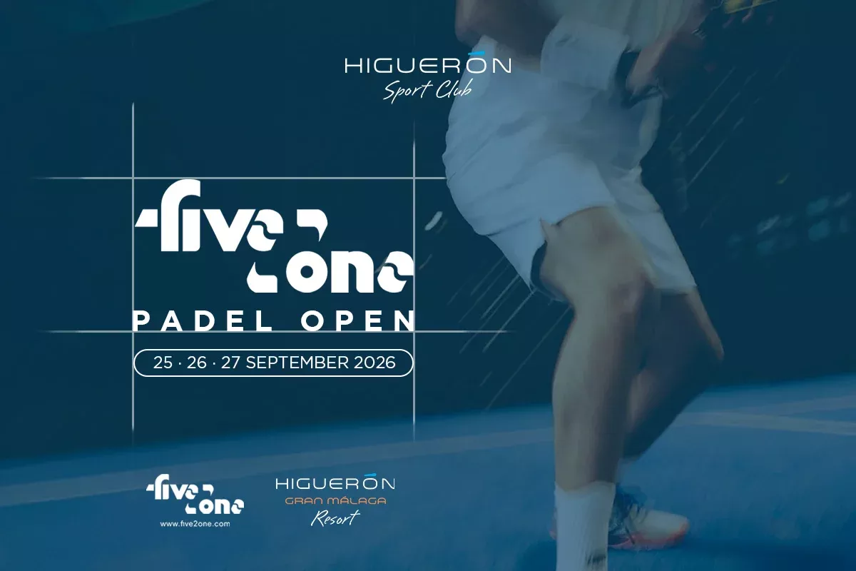 Dark blue Padel Tour poster with a five2one player in action